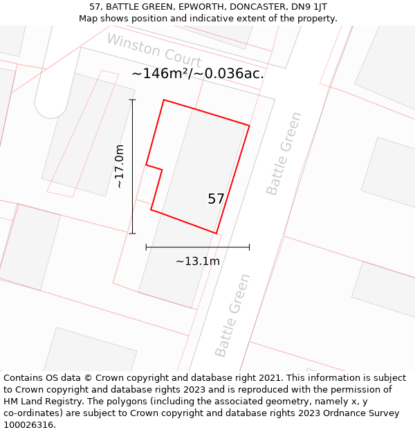 57, BATTLE GREEN, EPWORTH, DONCASTER, DN9 1JT: Plot and title map