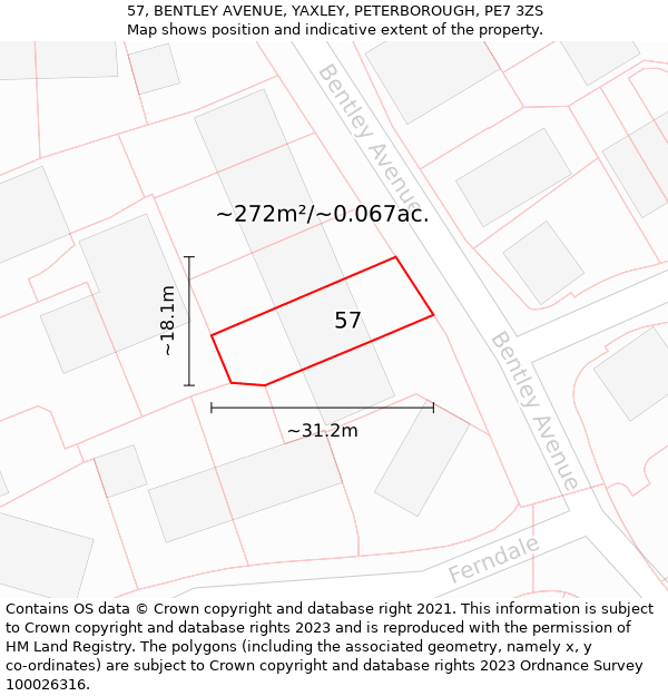 57, BENTLEY AVENUE, YAXLEY, PETERBOROUGH, PE7 3ZS: Plot and title map