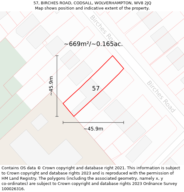 57, BIRCHES ROAD, CODSALL, WOLVERHAMPTON, WV8 2JQ: Plot and title map