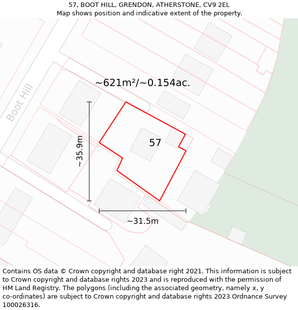 57, BOOT HILL, GRENDON, ATHERSTONE, CV9 2EL: Plot and title map