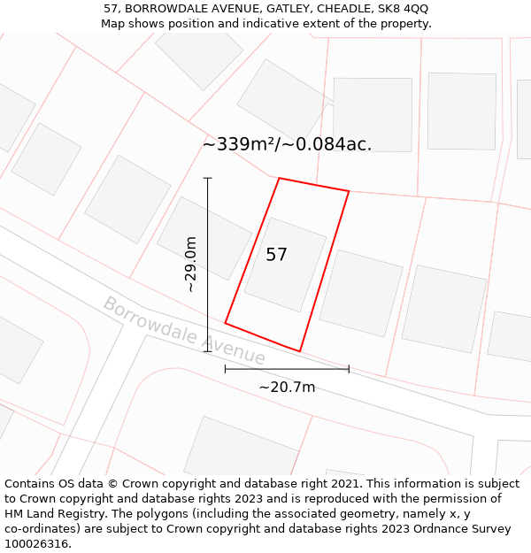 57, BORROWDALE AVENUE, GATLEY, CHEADLE, SK8 4QQ: Plot and title map