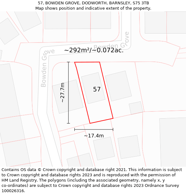 57, BOWDEN GROVE, DODWORTH, BARNSLEY, S75 3TB: Plot and title map