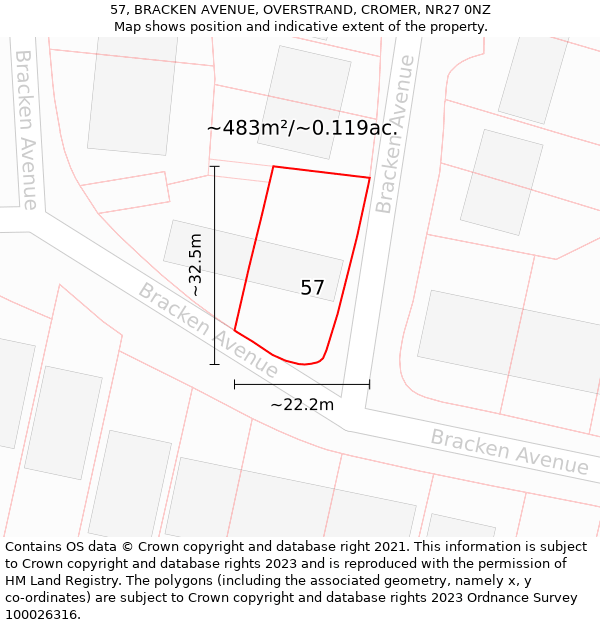 57, BRACKEN AVENUE, OVERSTRAND, CROMER, NR27 0NZ: Plot and title map