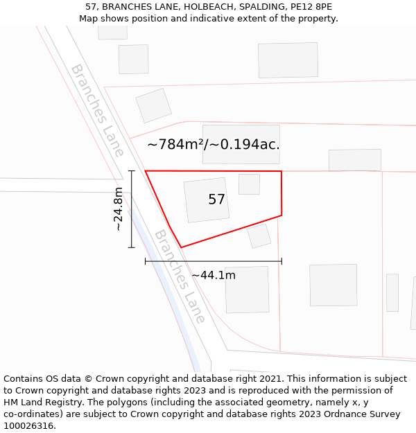 57, BRANCHES LANE, HOLBEACH, SPALDING, PE12 8PE: Plot and title map