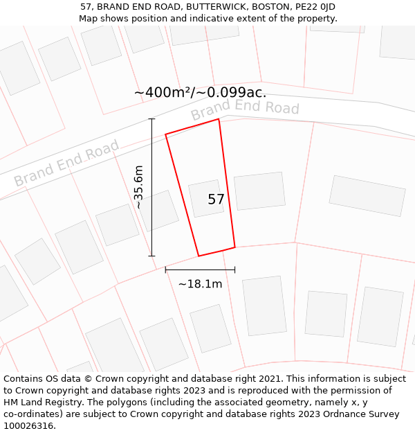 57, BRAND END ROAD, BUTTERWICK, BOSTON, PE22 0JD: Plot and title map