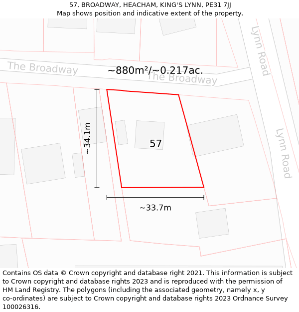 57, BROADWAY, HEACHAM, KING'S LYNN, PE31 7JJ: Plot and title map