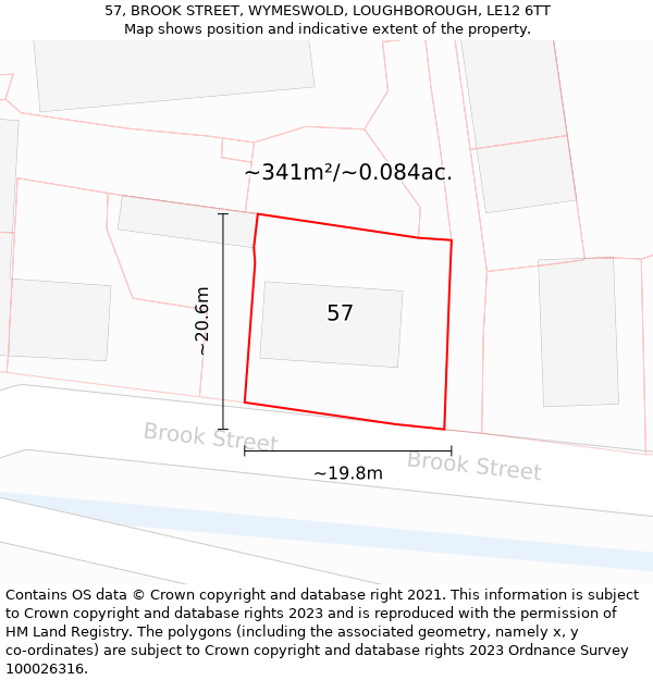 57, BROOK STREET, WYMESWOLD, LOUGHBOROUGH, LE12 6TT: Plot and title map