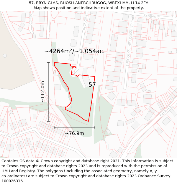57, BRYN GLAS, RHOSLLANERCHRUGOG, WREXHAM, LL14 2EA: Plot and title map