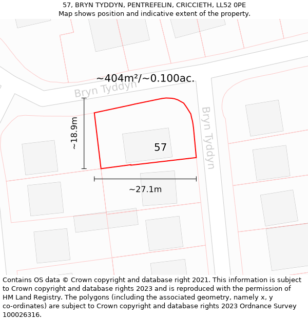 57, BRYN TYDDYN, PENTREFELIN, CRICCIETH, LL52 0PE: Plot and title map