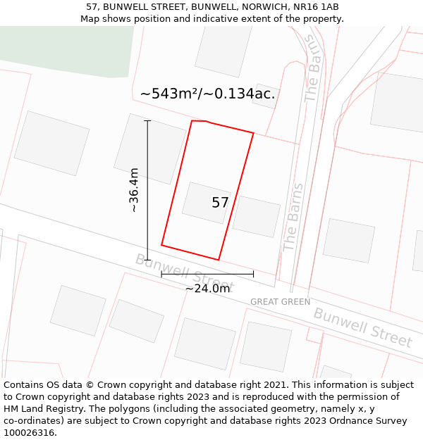 57, BUNWELL STREET, BUNWELL, NORWICH, NR16 1AB: Plot and title map