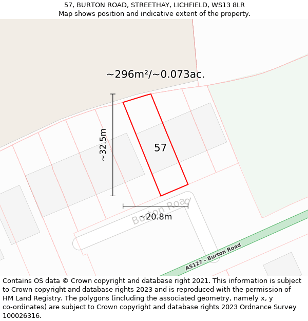 57, BURTON ROAD, STREETHAY, LICHFIELD, WS13 8LR: Plot and title map