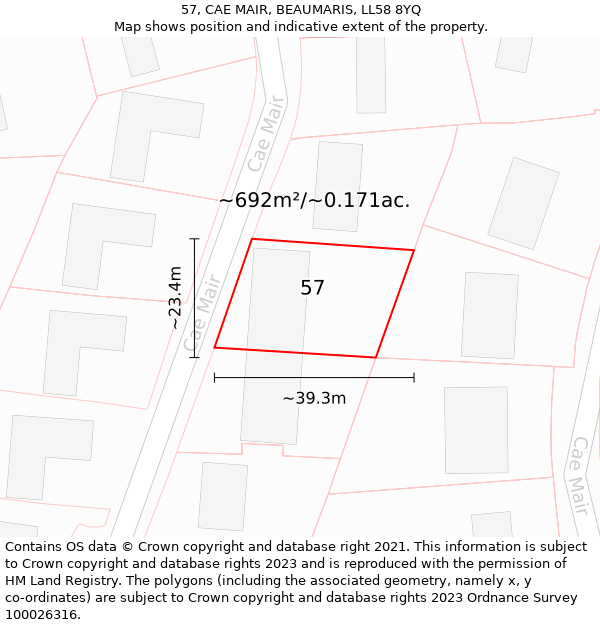 57, CAE MAIR, BEAUMARIS, LL58 8YQ: Plot and title map