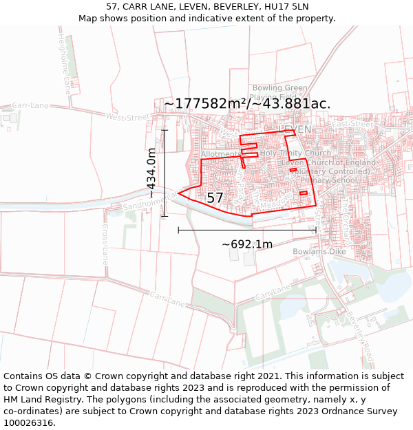 57, CARR LANE, LEVEN, BEVERLEY, HU17 5LN: Plot and title map