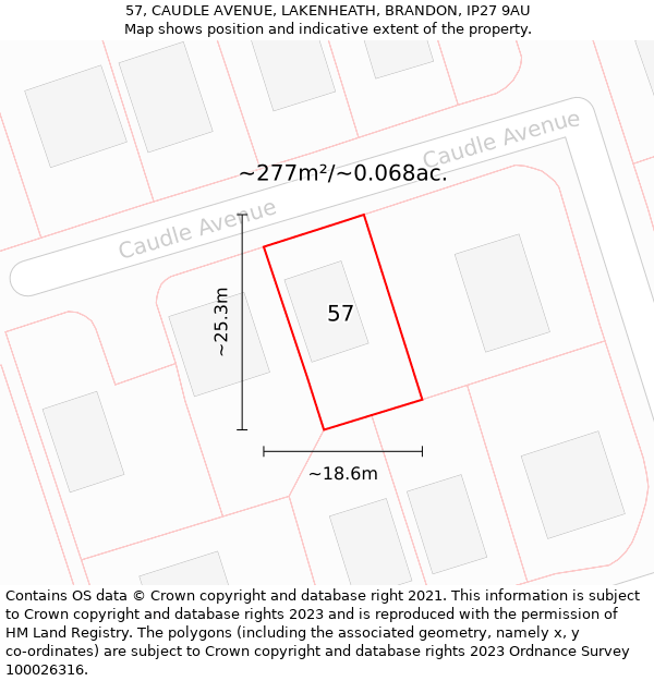 57, CAUDLE AVENUE, LAKENHEATH, BRANDON, IP27 9AU: Plot and title map