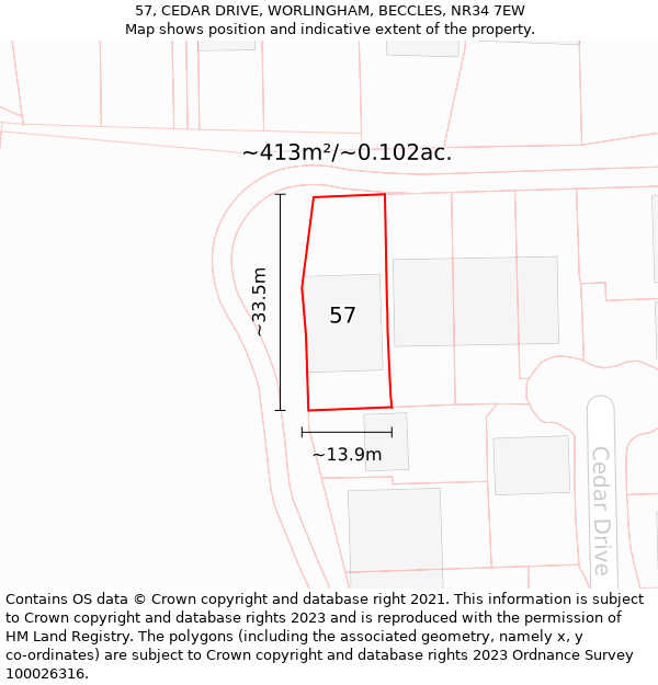 57, CEDAR DRIVE, WORLINGHAM, BECCLES, NR34 7EW: Plot and title map