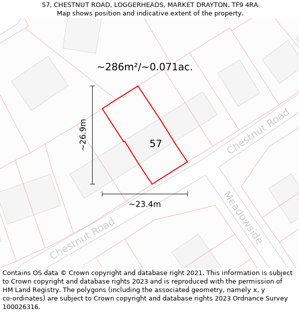 57, CHESTNUT ROAD, LOGGERHEADS, MARKET DRAYTON, TF9 4RA: Plot and title map