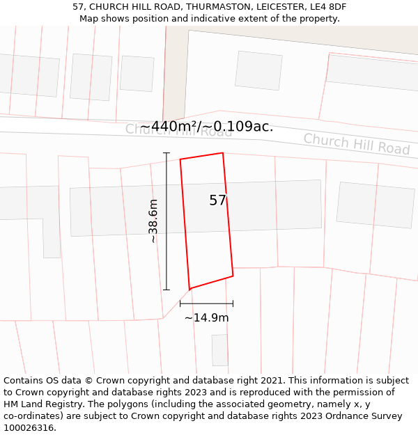 57, CHURCH HILL ROAD, THURMASTON, LEICESTER, LE4 8DF: Plot and title map