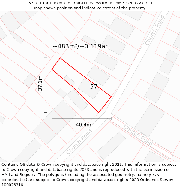 57, CHURCH ROAD, ALBRIGHTON, WOLVERHAMPTON, WV7 3LH: Plot and title map