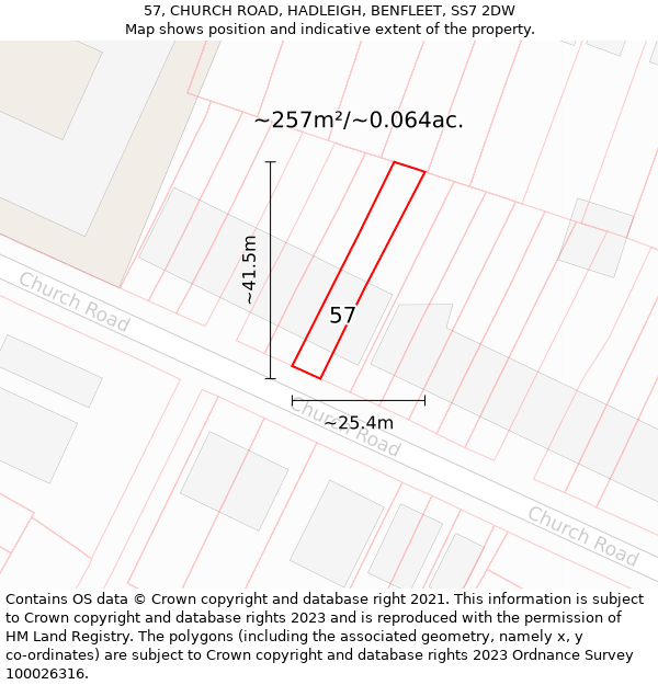 57, CHURCH ROAD, HADLEIGH, BENFLEET, SS7 2DW: Plot and title map