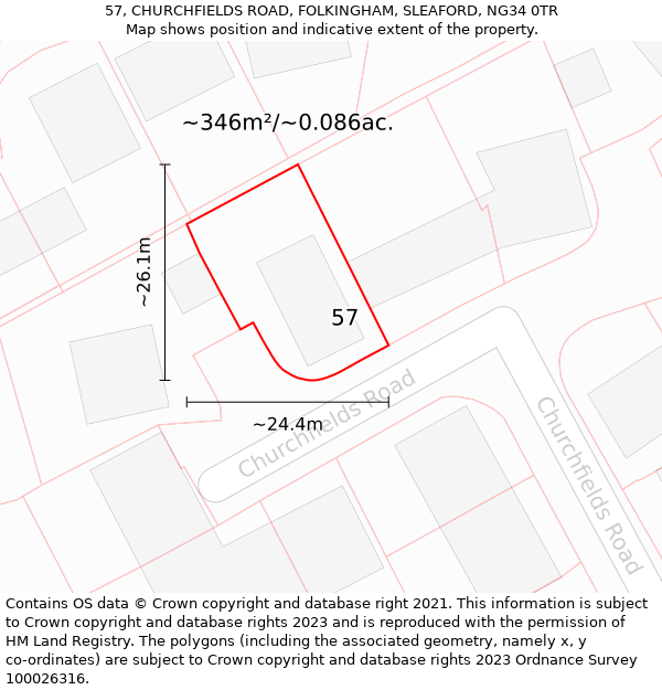 57, CHURCHFIELDS ROAD, FOLKINGHAM, SLEAFORD, NG34 0TR: Plot and title map