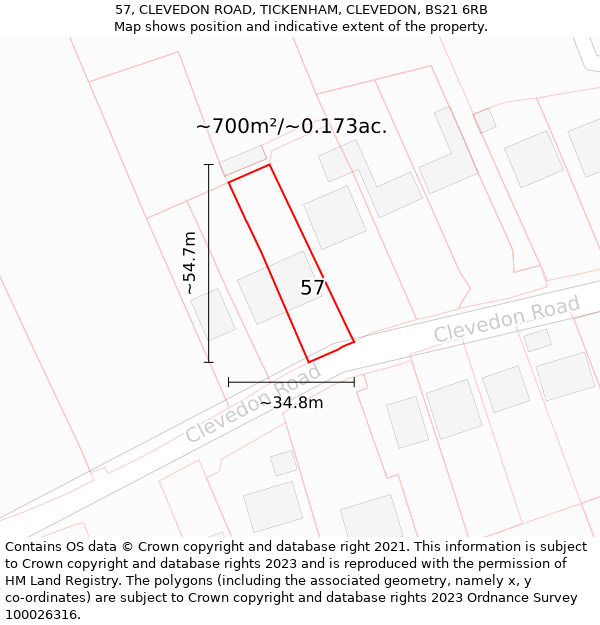 57, CLEVEDON ROAD, TICKENHAM, CLEVEDON, BS21 6RB: Plot and title map