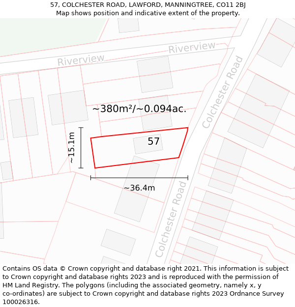 57, COLCHESTER ROAD, LAWFORD, MANNINGTREE, CO11 2BJ: Plot and title map