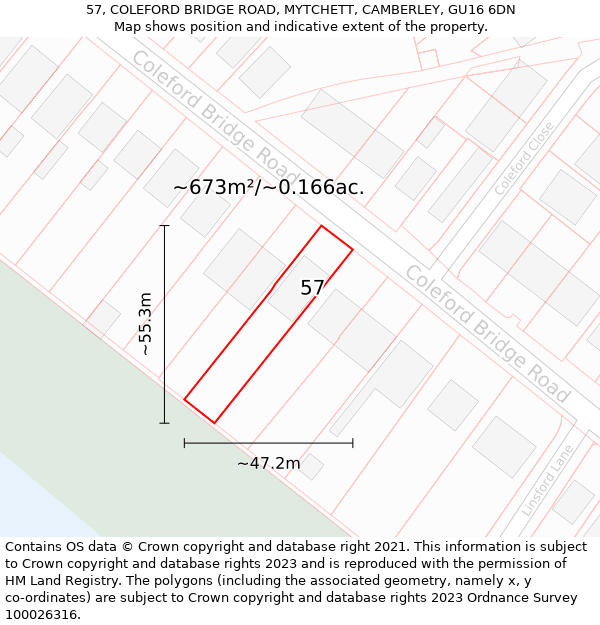 57, COLEFORD BRIDGE ROAD, MYTCHETT, CAMBERLEY, GU16 6DN: Plot and title map