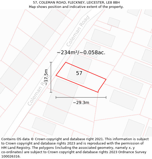 57, COLEMAN ROAD, FLECKNEY, LEICESTER, LE8 8BH: Plot and title map