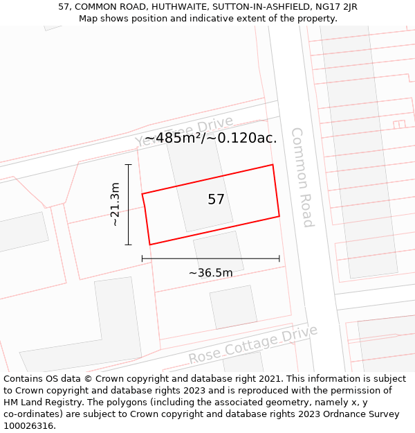 57, COMMON ROAD, HUTHWAITE, SUTTON-IN-ASHFIELD, NG17 2JR: Plot and title map