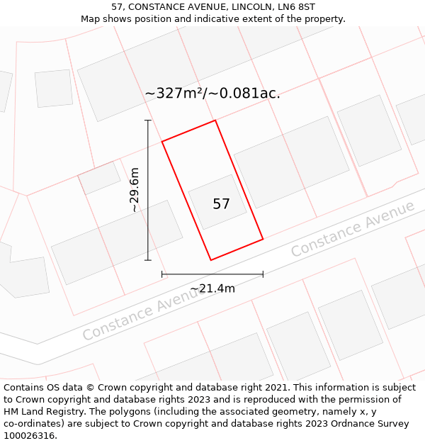 57, CONSTANCE AVENUE, LINCOLN, LN6 8ST: Plot and title map