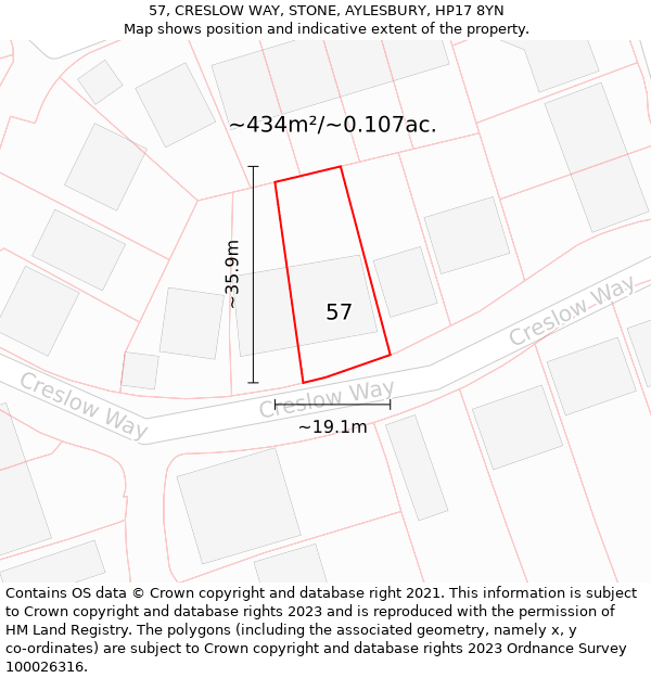 57, CRESLOW WAY, STONE, AYLESBURY, HP17 8YN: Plot and title map