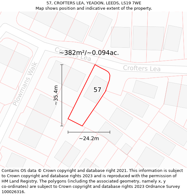 57, CROFTERS LEA, YEADON, LEEDS, LS19 7WE: Plot and title map