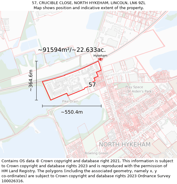 57, CRUCIBLE CLOSE, NORTH HYKEHAM, LINCOLN, LN6 9ZL: Plot and title map