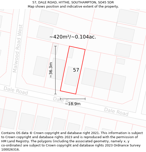 57, DALE ROAD, HYTHE, SOUTHAMPTON, SO45 5DR: Plot and title map