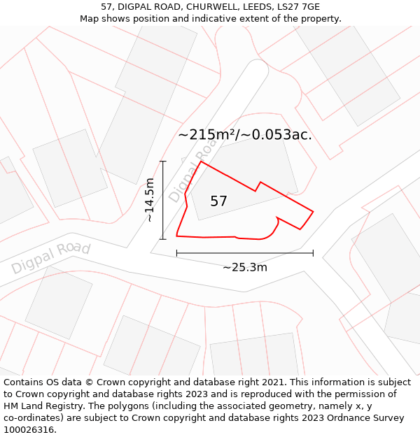 57, DIGPAL ROAD, CHURWELL, LEEDS, LS27 7GE: Plot and title map