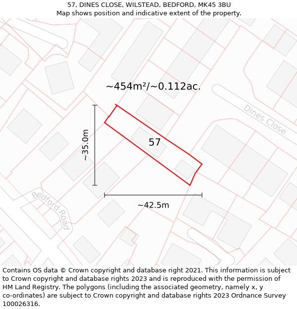 57, DINES CLOSE, WILSTEAD, BEDFORD, MK45 3BU: Plot and title map