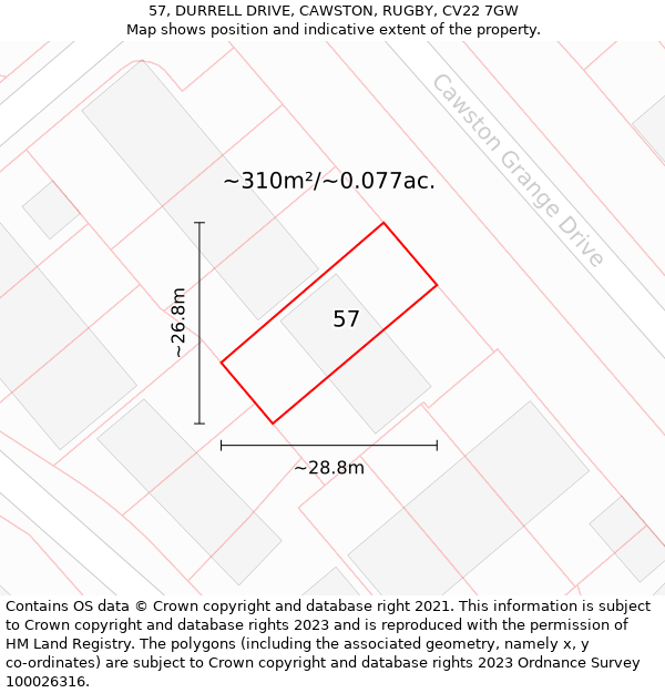 57, DURRELL DRIVE, CAWSTON, RUGBY, CV22 7GW: Plot and title map