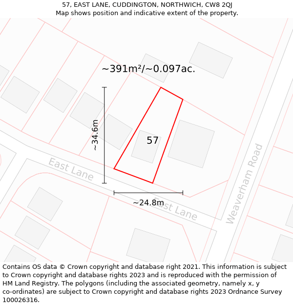 57, EAST LANE, CUDDINGTON, NORTHWICH, CW8 2QJ: Plot and title map