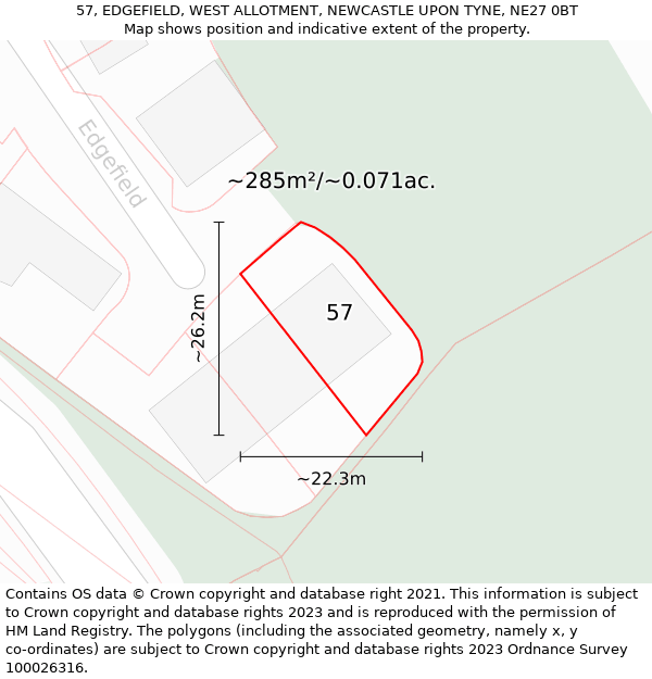 57, EDGEFIELD, WEST ALLOTMENT, NEWCASTLE UPON TYNE, NE27 0BT: Plot and title map