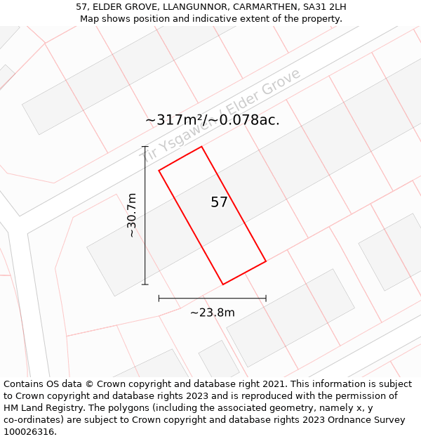 57, ELDER GROVE, LLANGUNNOR, CARMARTHEN, SA31 2LH: Plot and title map