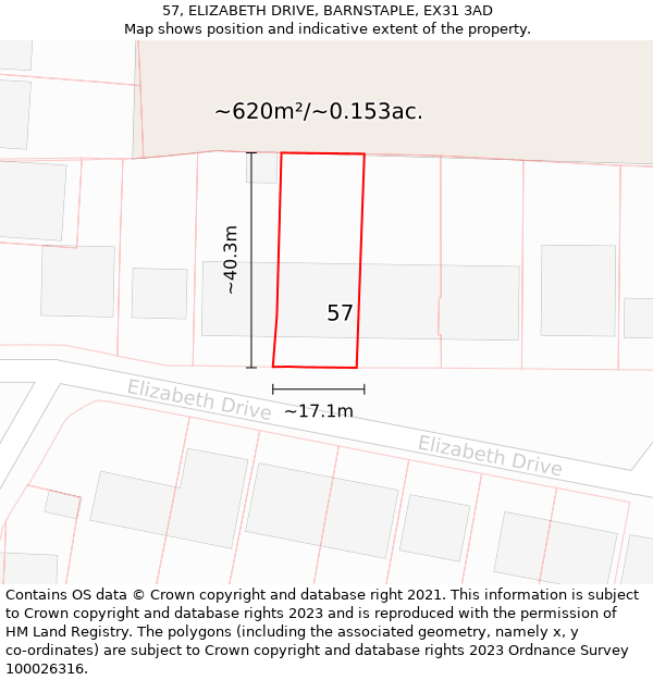 57, ELIZABETH DRIVE, BARNSTAPLE, EX31 3AD: Plot and title map