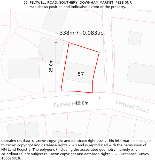 57, FELTWELL ROAD, SOUTHERY, DOWNHAM MARKET, PE38 0NR: Plot and title map