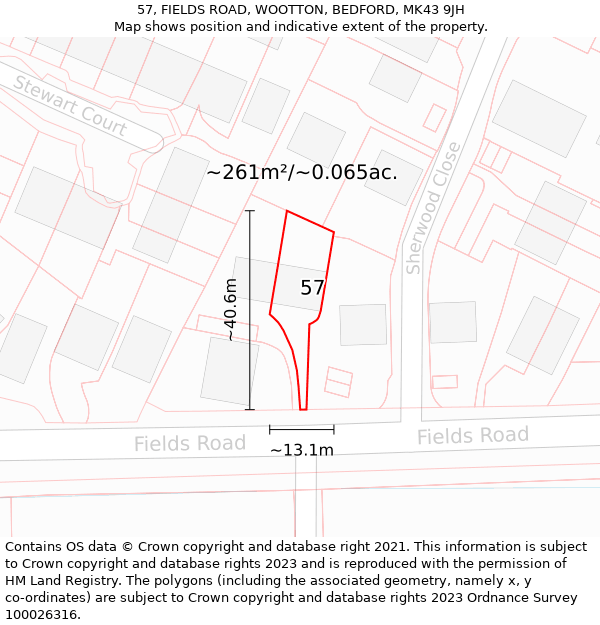 57, FIELDS ROAD, WOOTTON, BEDFORD, MK43 9JH: Plot and title map