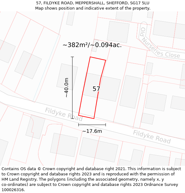 57, FILDYKE ROAD, MEPPERSHALL, SHEFFORD, SG17 5LU: Plot and title map