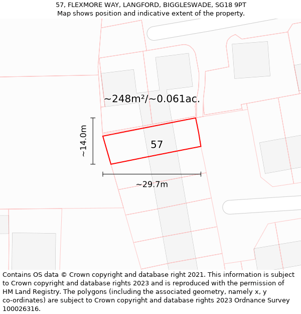 57, FLEXMORE WAY, LANGFORD, BIGGLESWADE, SG18 9PT: Plot and title map