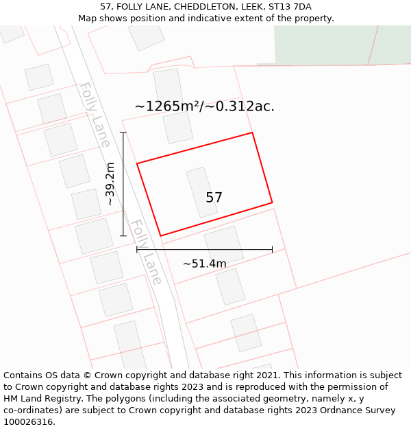 57, FOLLY LANE, CHEDDLETON, LEEK, ST13 7DA: Plot and title map