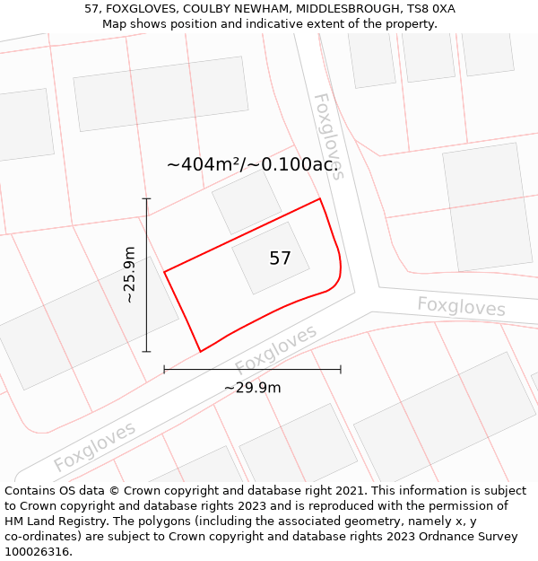 57, FOXGLOVES, COULBY NEWHAM, MIDDLESBROUGH, TS8 0XA: Plot and title map