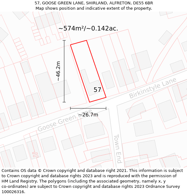 57, GOOSE GREEN LANE, SHIRLAND, ALFRETON, DE55 6BR: Plot and title map