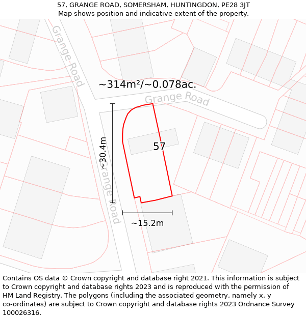 57, GRANGE ROAD, SOMERSHAM, HUNTINGDON, PE28 3JT: Plot and title map