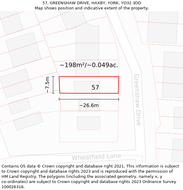 57, GREENSHAW DRIVE, HAXBY, YORK, YO32 3DD: Plot and title map